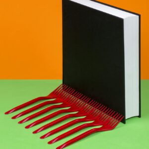 A black book creatively styled with red combs against an orange and green background.